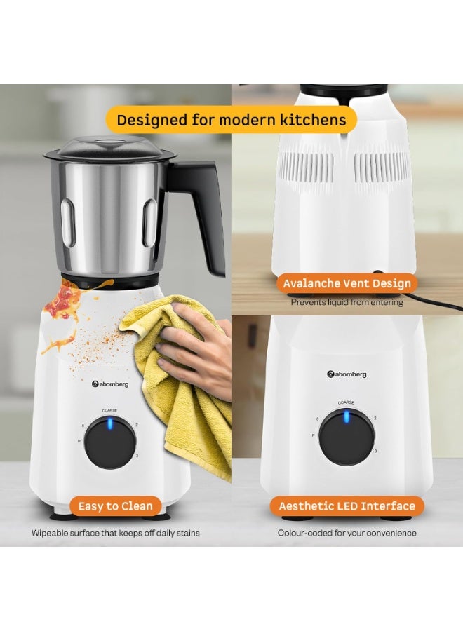 Atomberg Xiana 750 Watt Mixer Grinder | 3 Multipurpose Stainless Steel Jars | Coarse Mode for Silbatta-Like Textures | Powerful Intelligent Motor | Easy Fault LED Indication | Snow White - Image 4